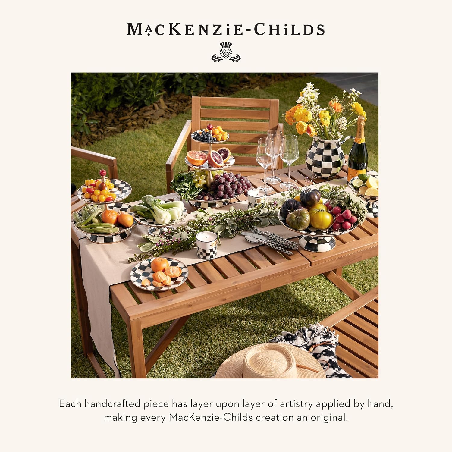 MACKENZIE-CHILDS Pedestal Platter, Mini, Black-and-White Courtly Check | Hand-painted design, made from enameled steel, stackable round cake stand for serving desserts, 8" dia. x 3" H