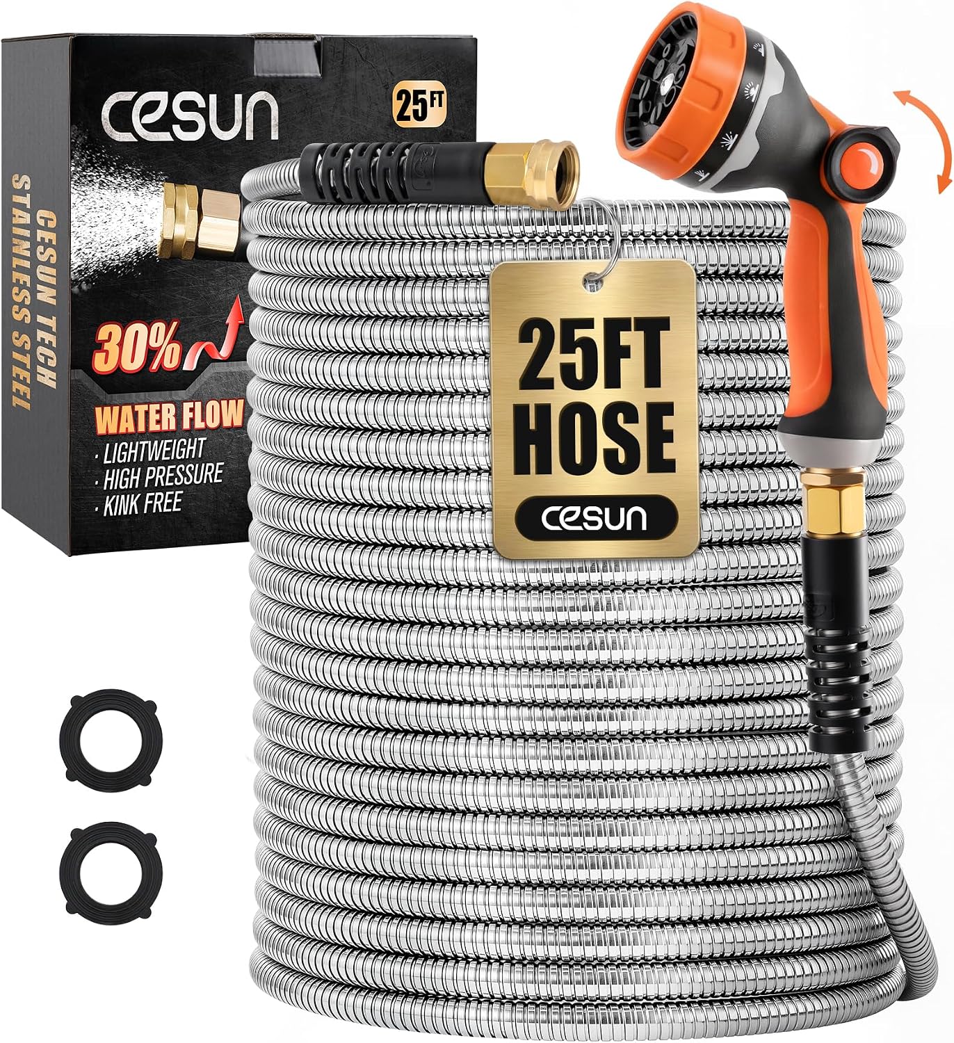 Cesun 100 ft Metal Garden Hose with 10 Function Nozzle, 100 foot x 5/8" | Heavy Duty Stainless Steel Water Hose, Kink-Free & Flexible, Lightweight, Durable, Leak Proof, Rust Proof for Yard/RV/Outdoor