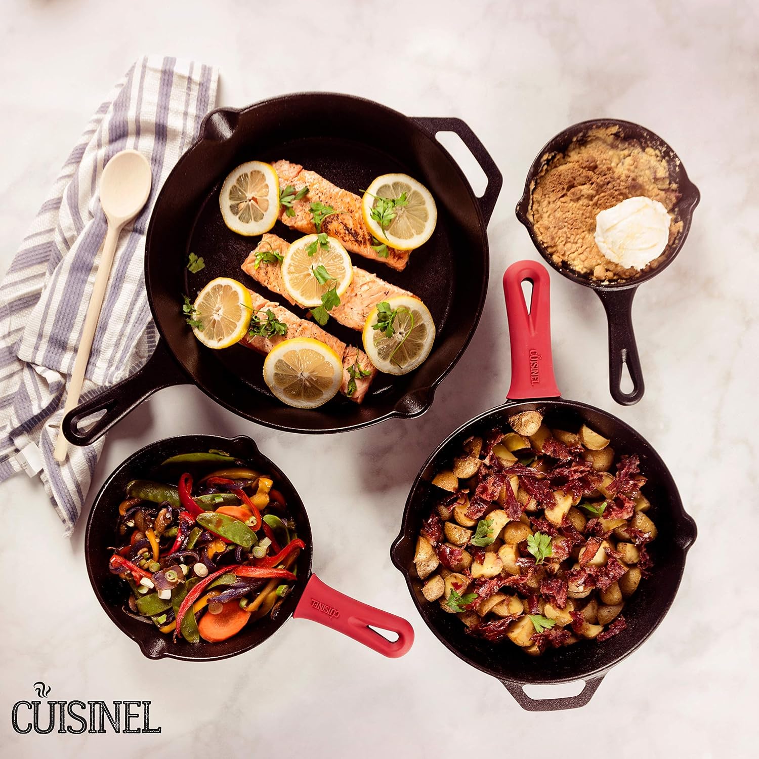 Cast Iron Skillet - 10"-Inch Frying Pan with Pour Spouts + Pan Scraper + Silicone Grip Handle Cover Holder - Pre-Seasoned Oven Cookware - Indoor/Outdoor Use - Stovetop, Induction. PFAS and PFOA-free