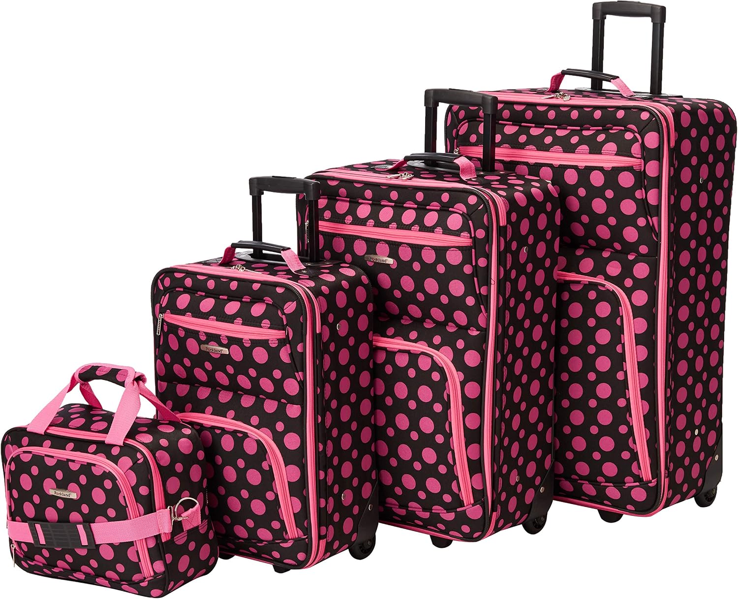 Rockland Fashion Softside Upright Luggage Set,Expandable, Telescopic Handle, Wheel, Black Dot, 2-Piece (14/19)