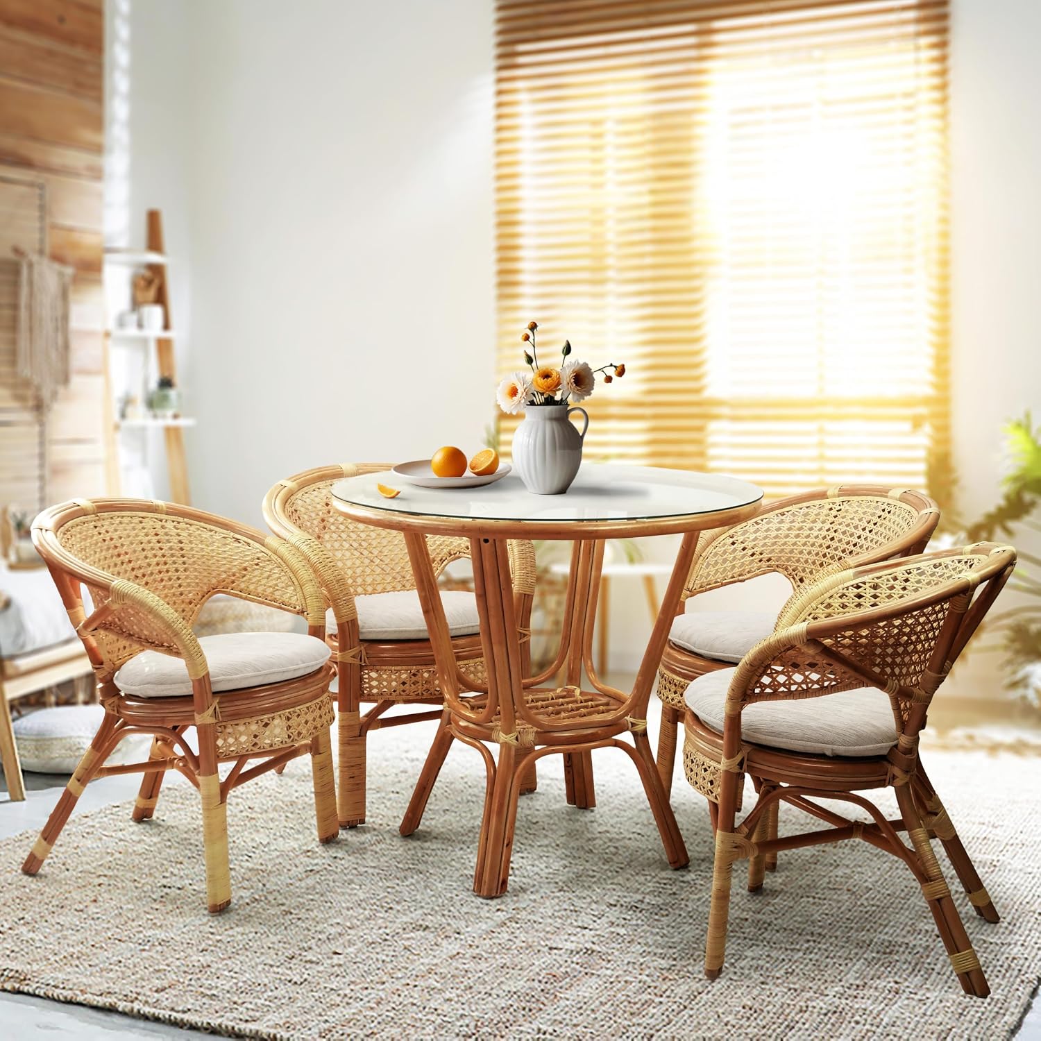Pelangi Handmade Rattan Dining Wicker Chair Colonial Color w/Cream Cushion