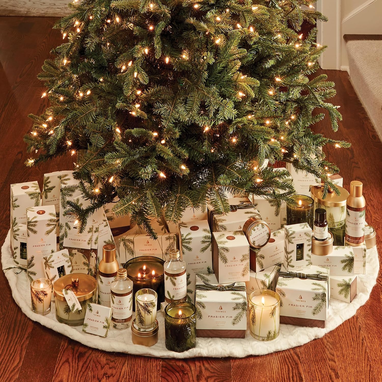 Thymes Frasier Fir Candle - Molded Green Glass Jar with Pine Needle Design - Winter Candle Gifts for Women & Men - Fresh Home Fragrance - Notes of