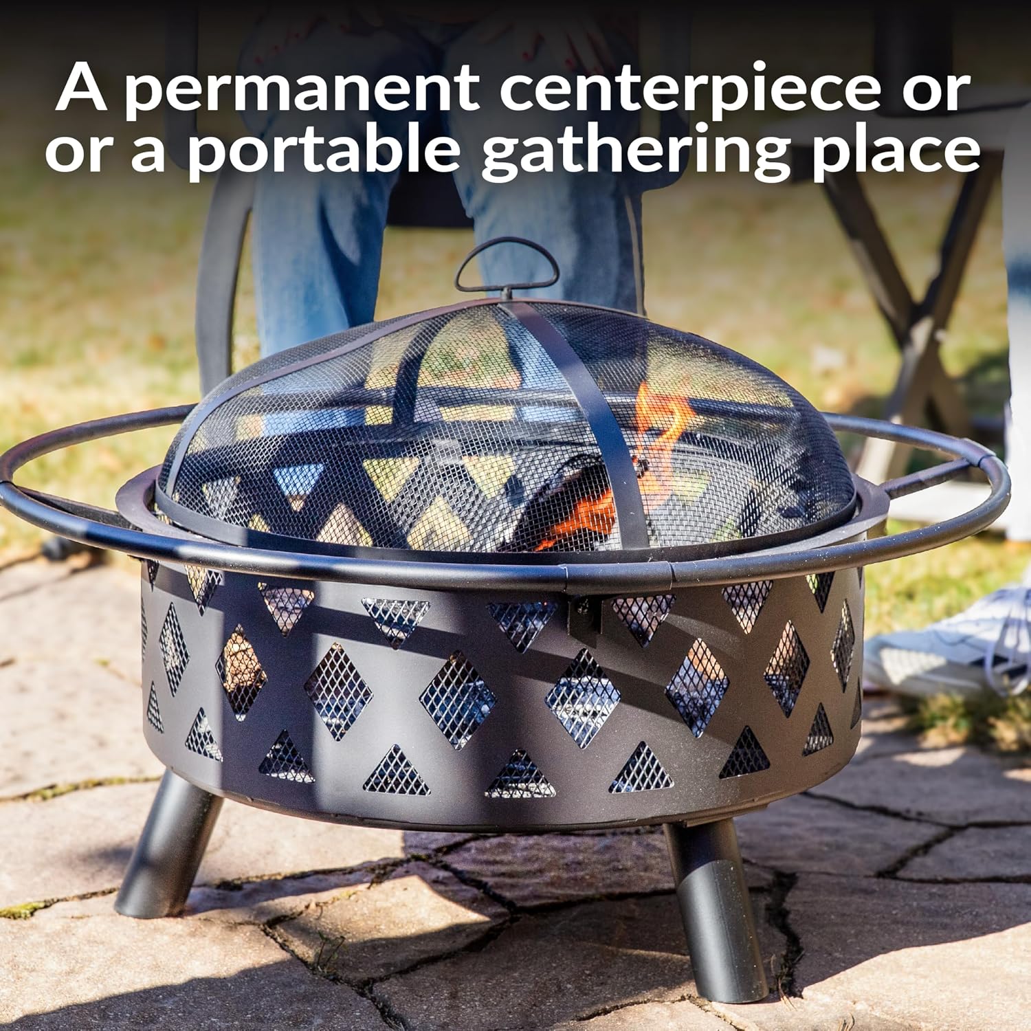 Sunnydaze Crossweave Large Outdoor Fire Pit, Wood Burning, Round, 36" | Black, Heavy Duty Steel Metal, Patio Fire Pit with Spark Screen, Poker, & Cover, Wood Firepit for Outside, Backyard, or Deck