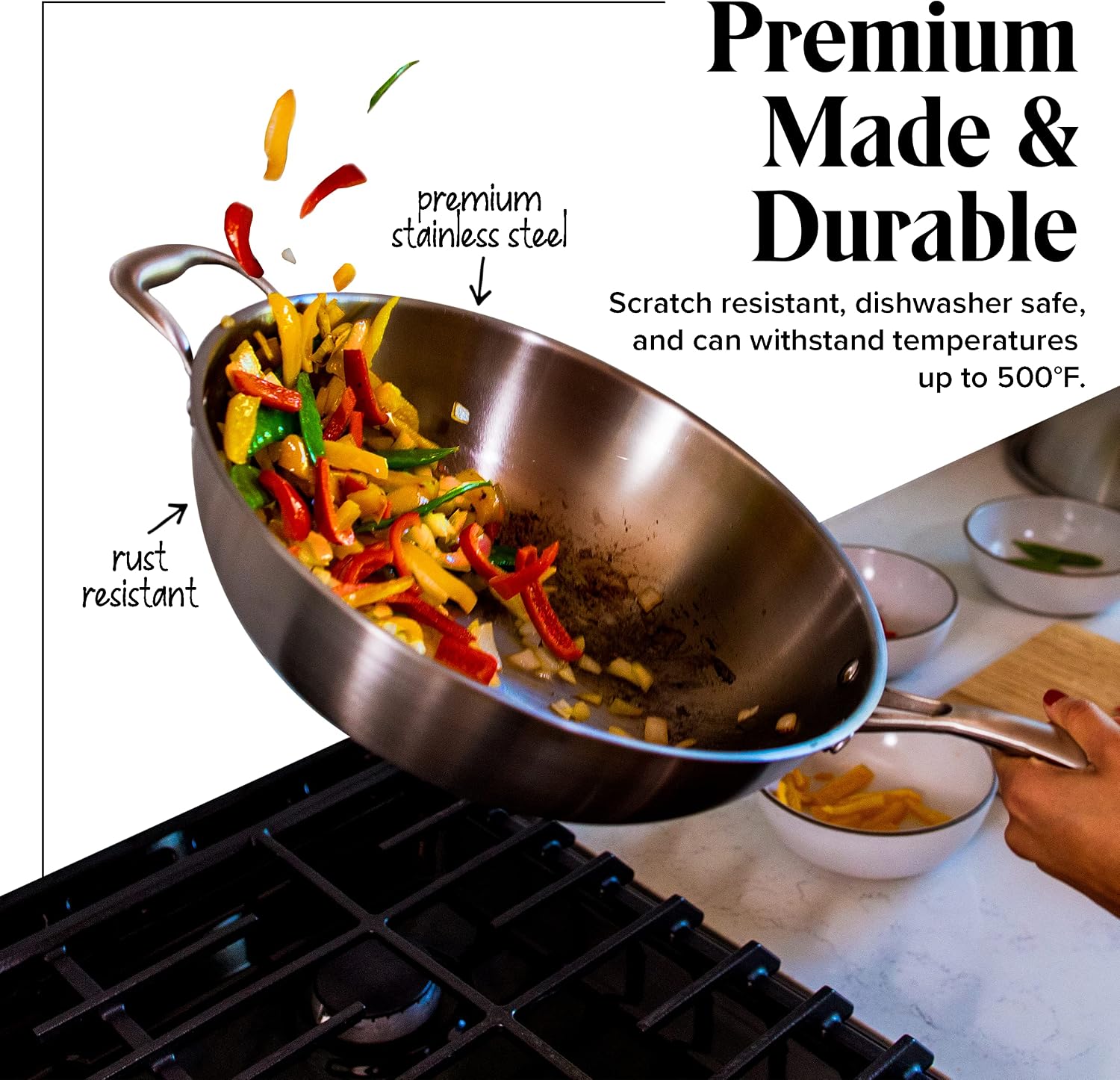 Willow & Everett Stainless Steel Flat Bottom Wok Pan, Professional Traditional Stir Fry Cookware w/Domed Lid & Spatula