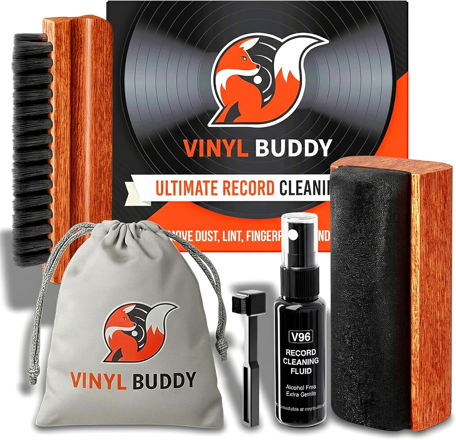 Vinyl Buddy 5-in-1 Vinyl Record Cleaning Kit | Premium Hardwood Velvet & Microfiber Brush, Stylus Brush