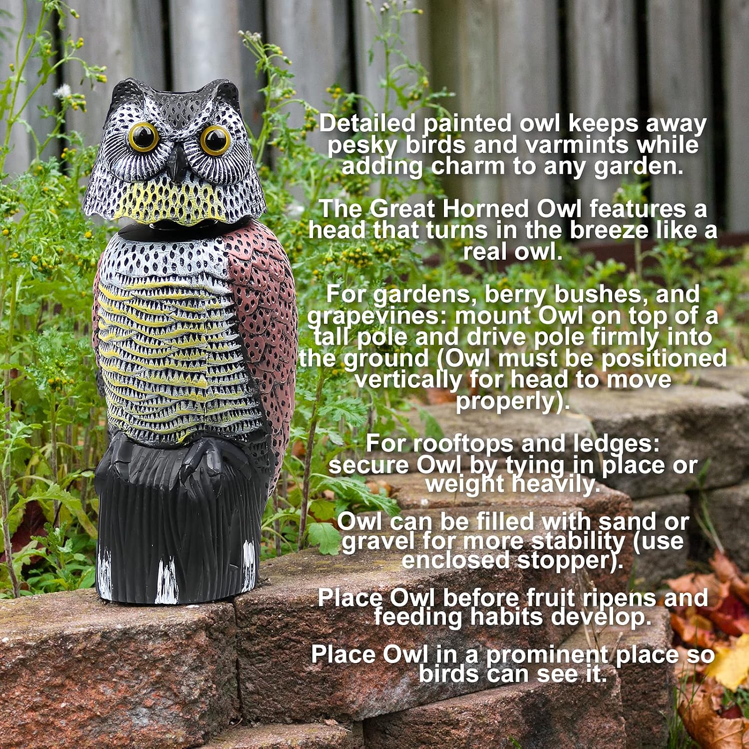 Owl Decoy to Scare Birds Away Scarecrow Fake Owl with Rotating Head, 16"