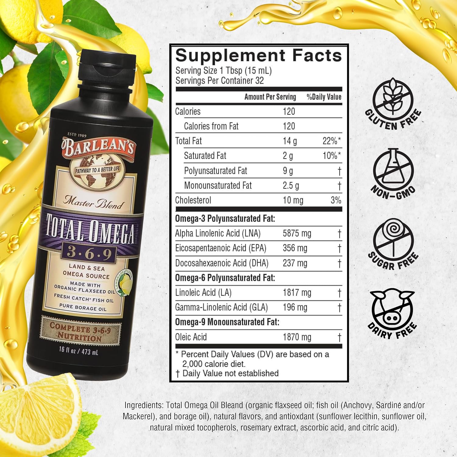 Barlean's Total Omega 3 6 9 Orange Crème Liquid Fish Oil Supplement with Borage and Flaxseed Oil, 2,400 mg of Omegas EPA and DHA Plus GLA for Joint and Heart Health, 8 oz | Fish, borage & flax oils, EPA DHA ALA GLA omegas, Burpless, Non-GMO, Gluten-free,…