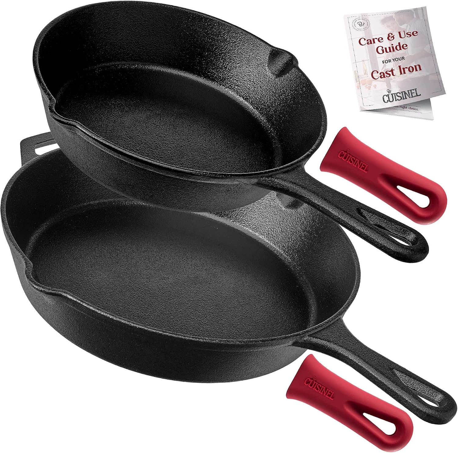 Cast Iron Skillet - 10"-Inch Frying Pan with Pour Spouts + Pan Scraper + Silicone Grip Handle Cover Holder - Pre-Seasoned Oven Cookware - Indoor/Outdoor Use - Stovetop, Induction. PFAS and PFOA-free