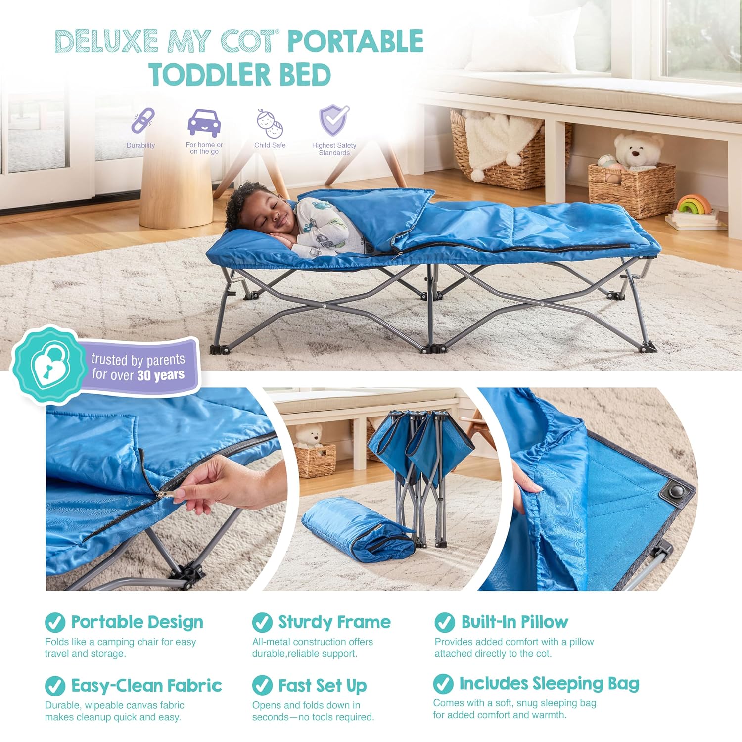 Regalo My Cot Deluxe Portable Toddler Bed, Indoor/Outdoor Kids Nap Cot with Sleeping Bag & Pillow, Lightweight Folding Travel Design for Home, Daycare