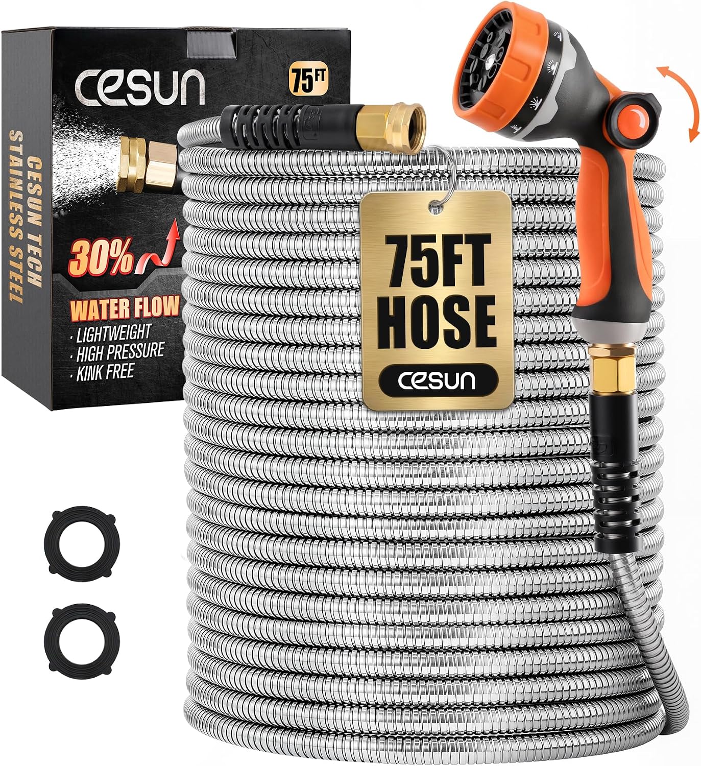 Cesun 100 ft Metal Garden Hose with 10 Function Nozzle, 100 foot x 5/8" | Heavy Duty Stainless Steel Water Hose, Kink-Free & Flexible, Lightweight, Durable, Leak Proof, Rust Proof for Yard/RV/Outdoor