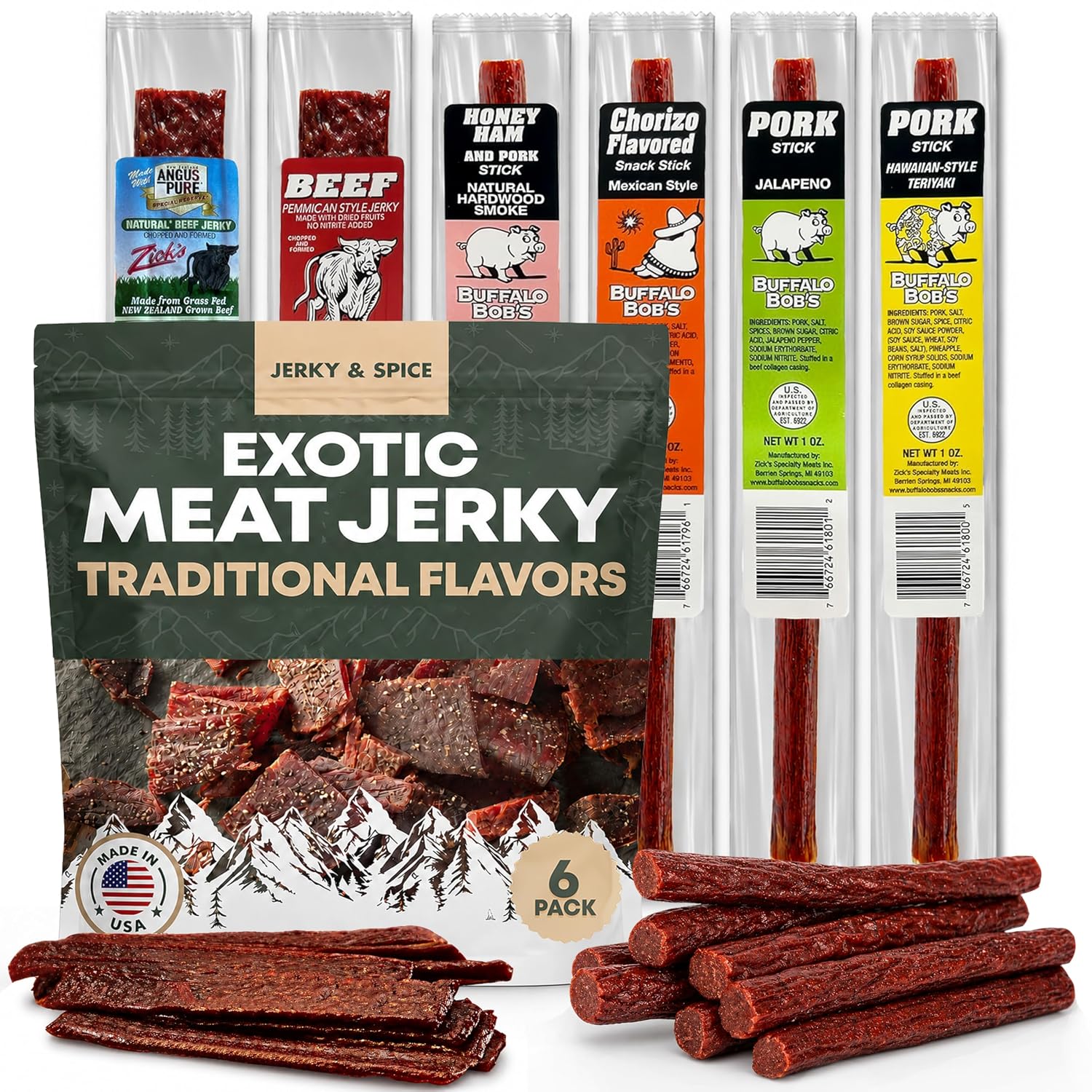 Buffalo Bob's Exotic Meat Random Flavors - Beef Jerky Variety, 6-Pack | Sampler Set, Gift Basket for Men, Hunting & Camping Adventure, Stocking Stuffers, High Protein Snack, Gluten-Free Diet