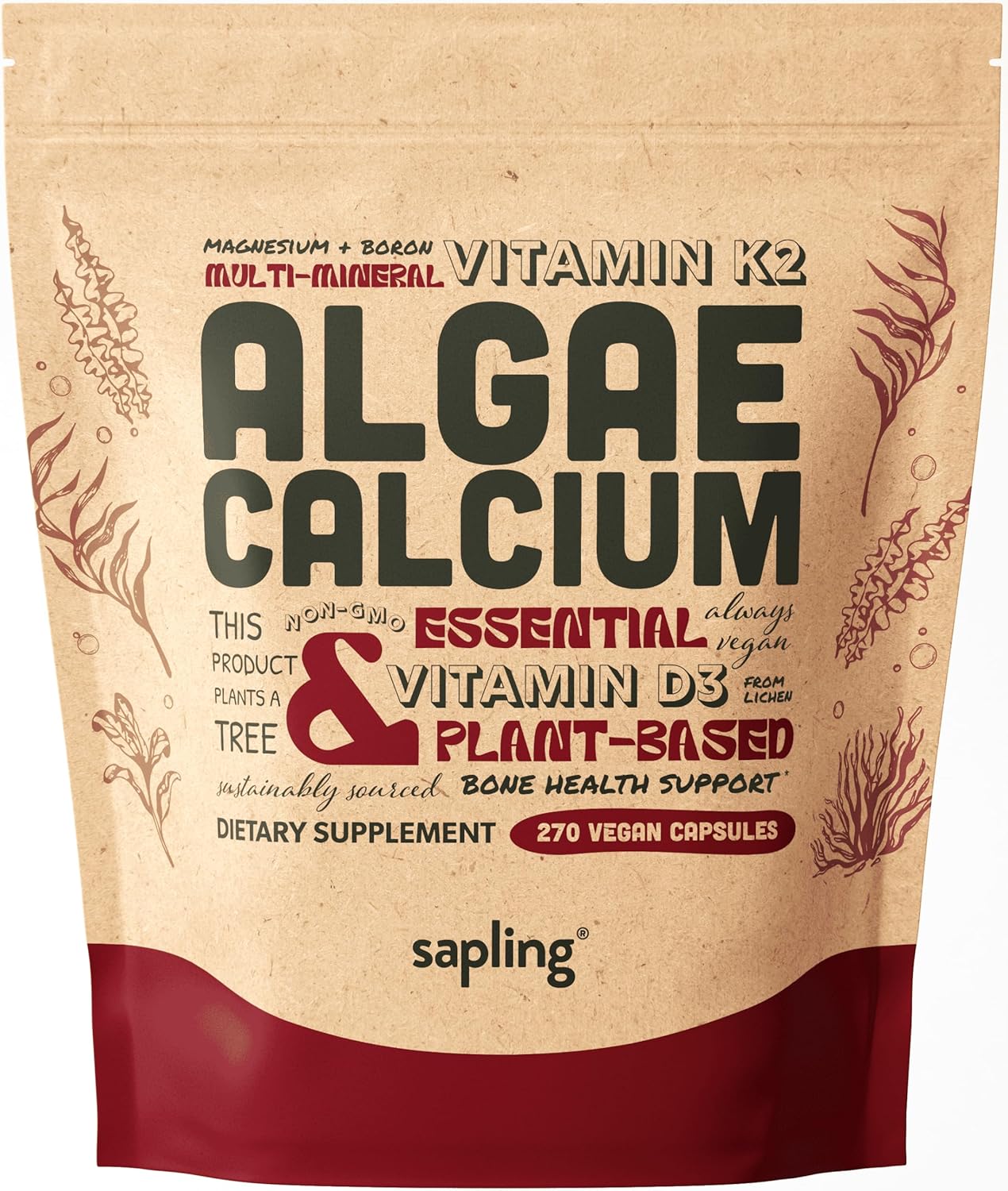 sapling Calcium Supplement - Whole Food with Vitamin K2 & D3, Magnesium, Zinc, Boron