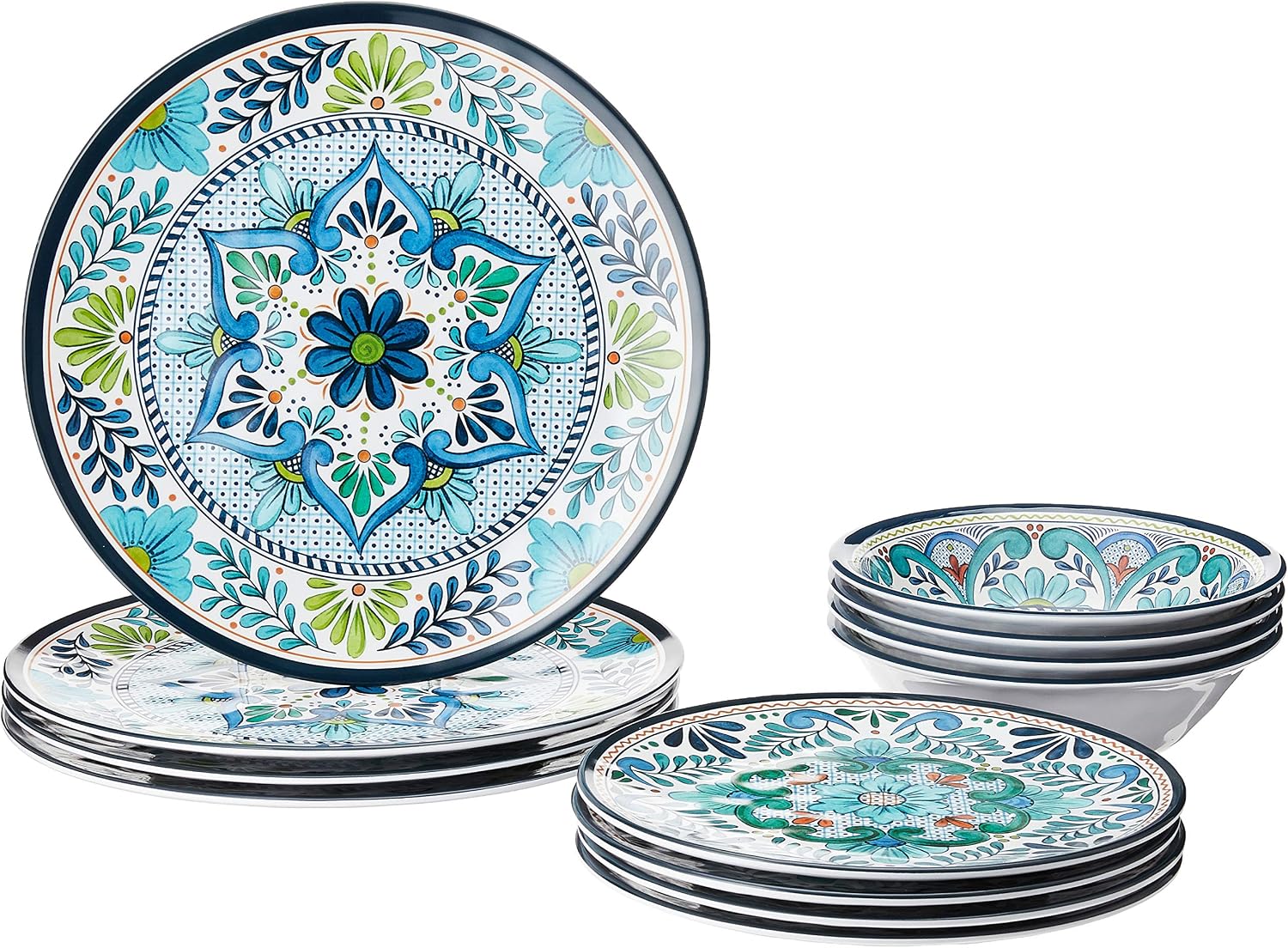 Talavera Melamine 12-Piece Dinnerware Set – Multicolored Plates and Bowls for 4, Spanish Tile-Inspired, Durable, Lightweight, Shatterproof