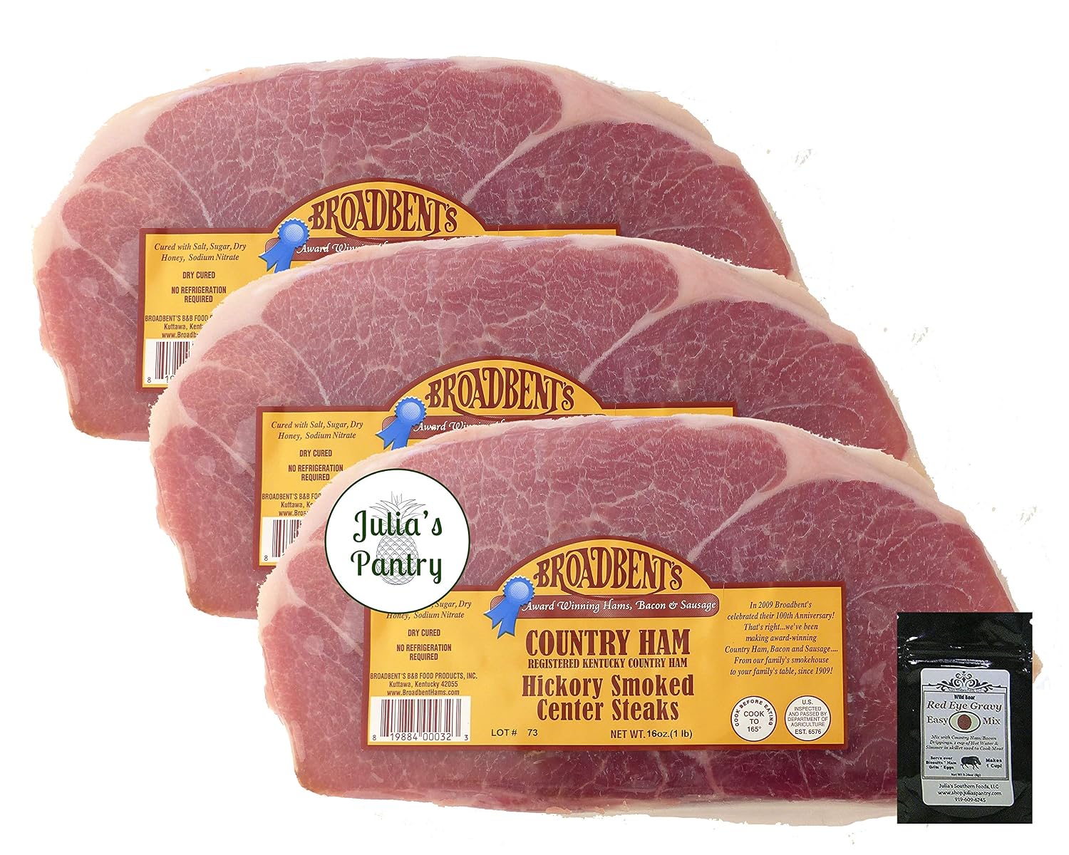 Julia's Pantry Premium Cured Country Ham Hickory Smoked Center Steaks 3 - 1# Packages with Red Eye Gravy Sample