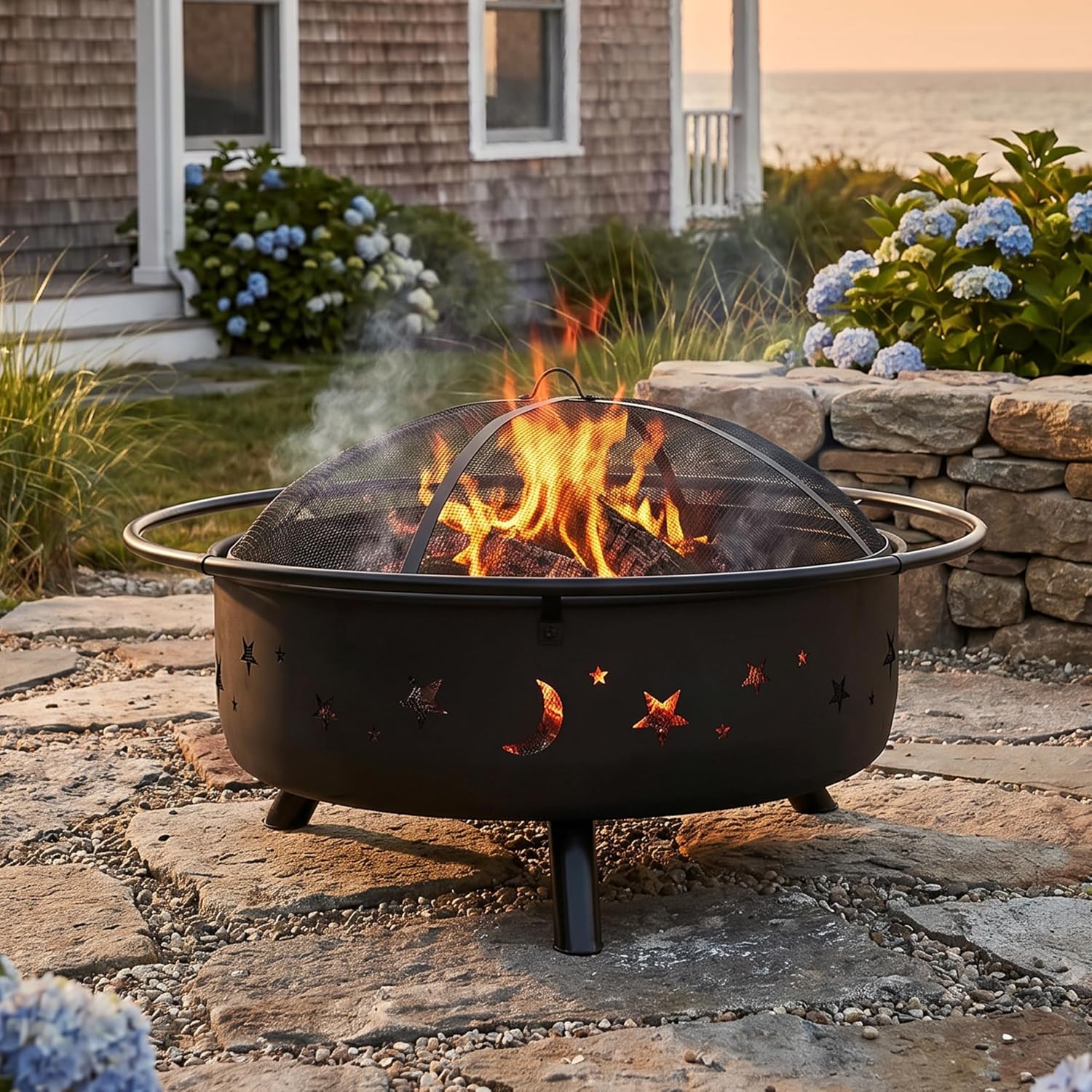 Sunnydaze Cosmic 42" Large Outdoor Fire Pit, Wood Burning, 34" Bowl Dia | Bronze, Heavy Duty Steel Metal, Includes Spark Screen, Wood Grate, & Poker, Round Backyard Firepit for Outside, Patio, Deck
