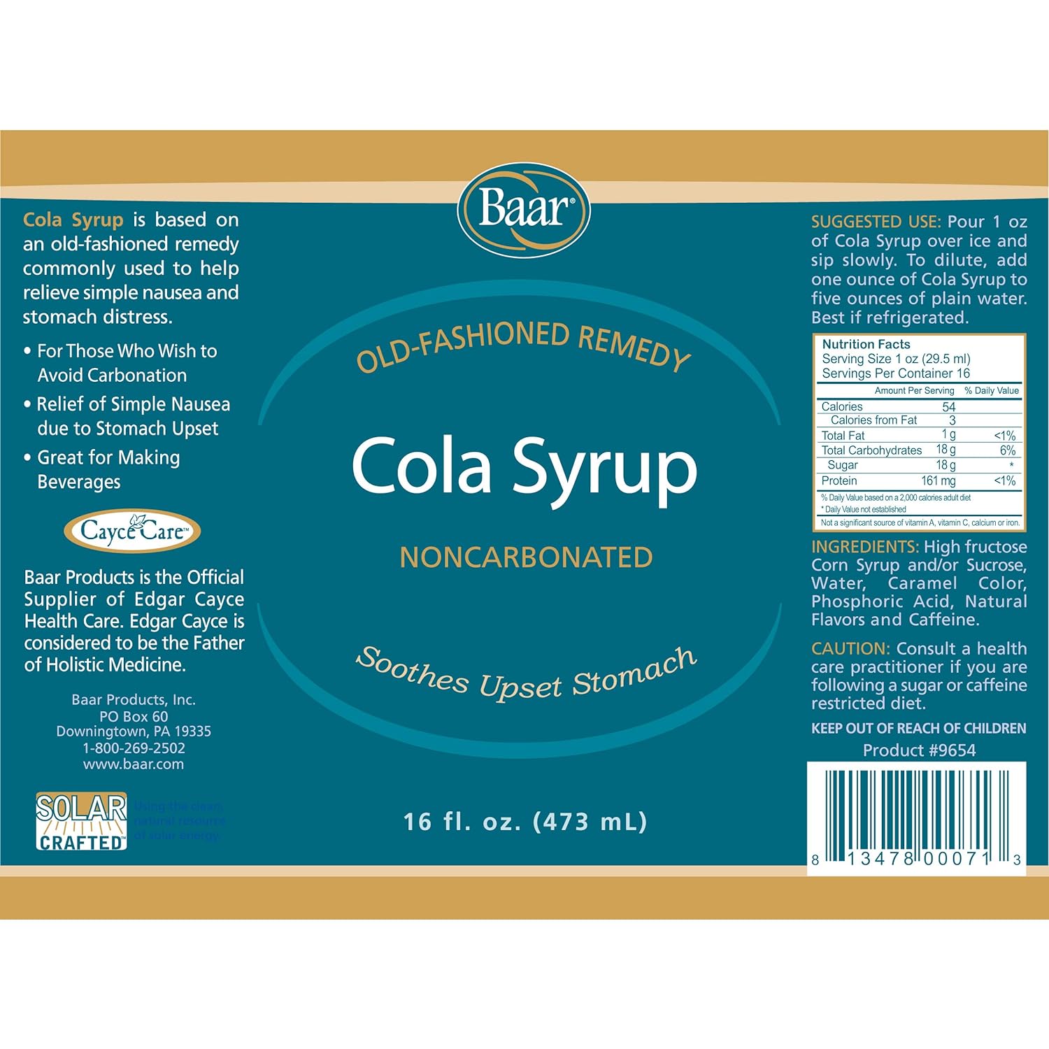 Baar No Added Caffeine Cola Syrup, 16 oz | Non-carbonated cola syrup made with high fructose corn syrup for beverages and recipes