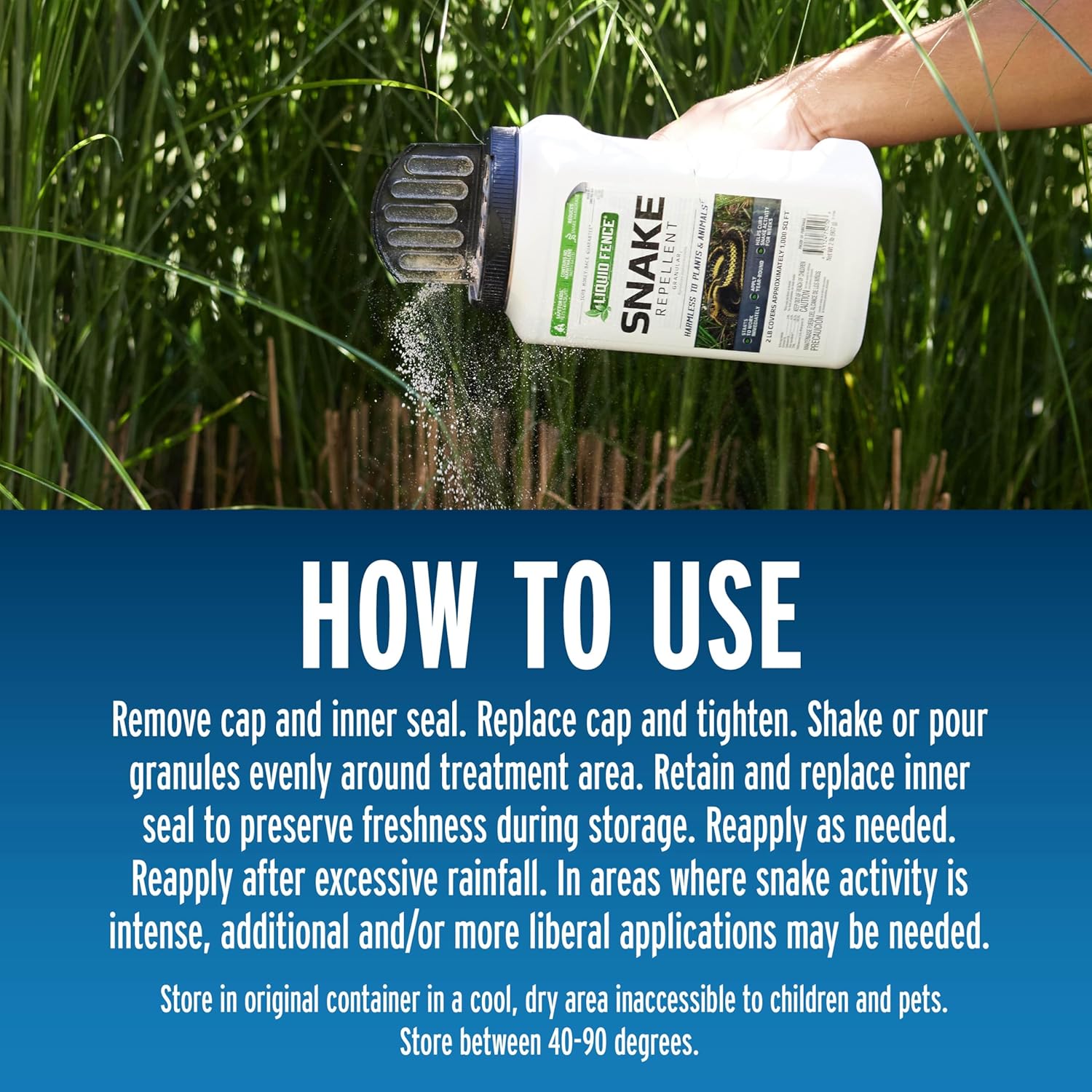 Liquid Fence Snake Repellent Granules, Safe Around Kids and Pets When Used & Stored as Directed, Keep Snakes Out of Garden, Patio and Backyard, 2 lb
