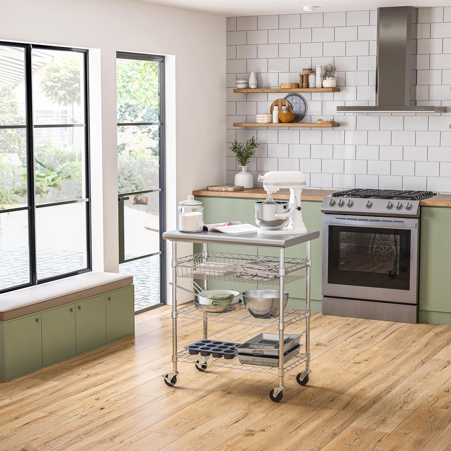 Stainless-Steel Commercial-Grade NSF-Certified Prep Table Cart, 24"W x 20"D | Heavy-duty durable utility workstation supports up to 450 lb w/ adjustable wire shelf and sliding basket on locking wheels