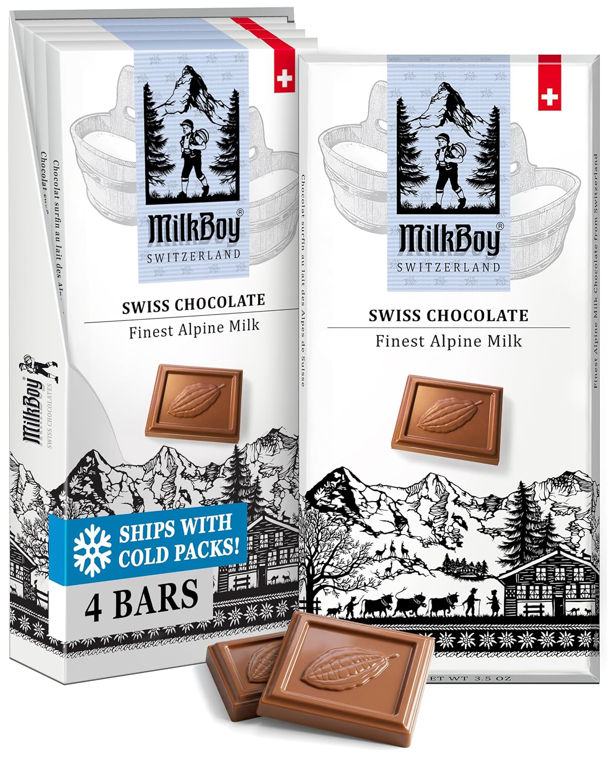 MilkBoy Swiss Chocolates Alpine Milk Chocolate Bars - 3 oz, 5 Pack | Premium gourmet treat with creamy milk. Rainforest Alliance certified cocoa. Gluten free. Kosher. Crafted in Switzerland.