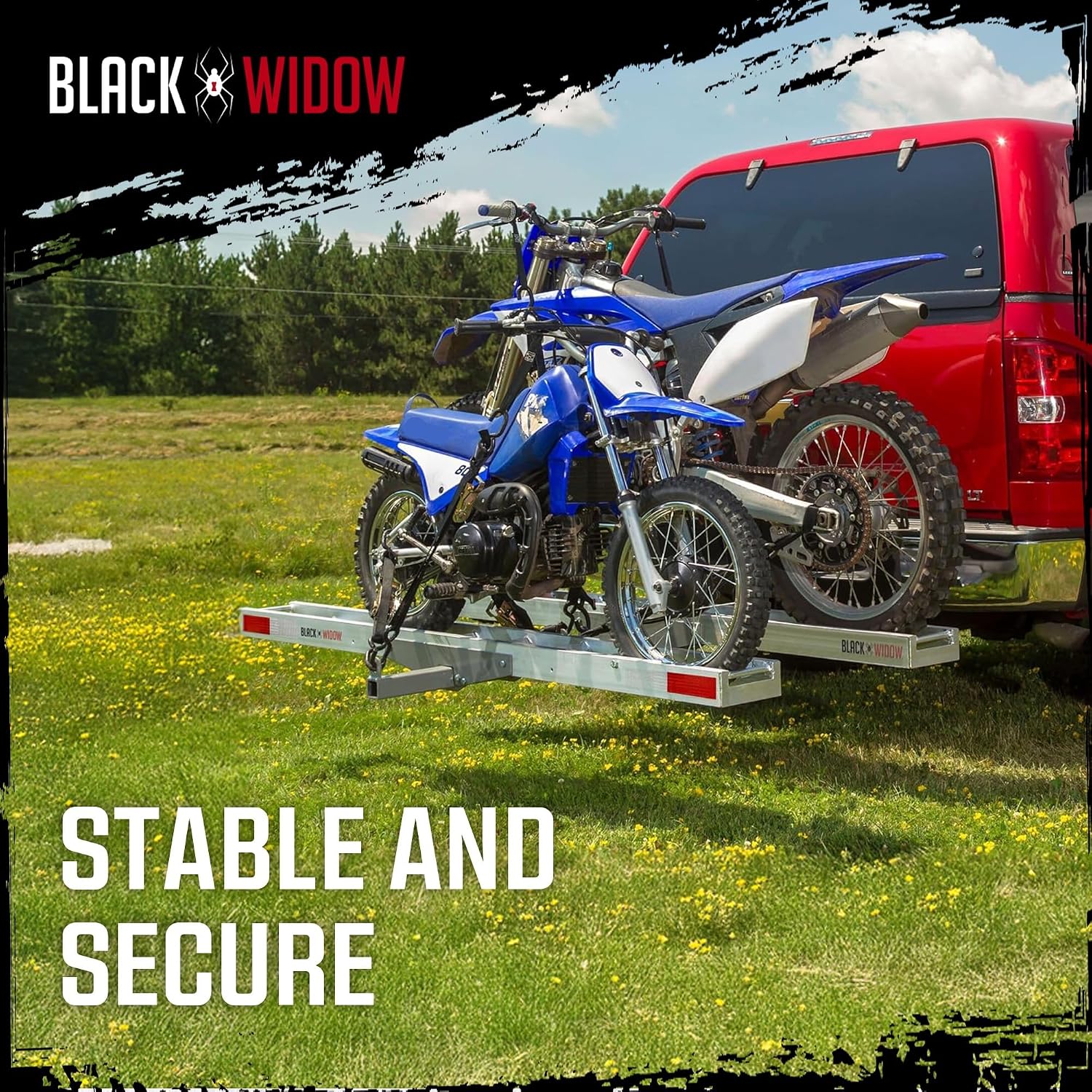 Black Widow Aluminum Dirt Bike Hitch Carrier with Ramp, 400 lb Capacity | Non-Folding Motorcycle, eBike & Fat Tire Bike Hauler for Truck & SUV, Fits 2-Inch Class III/IV Hitch Receiver