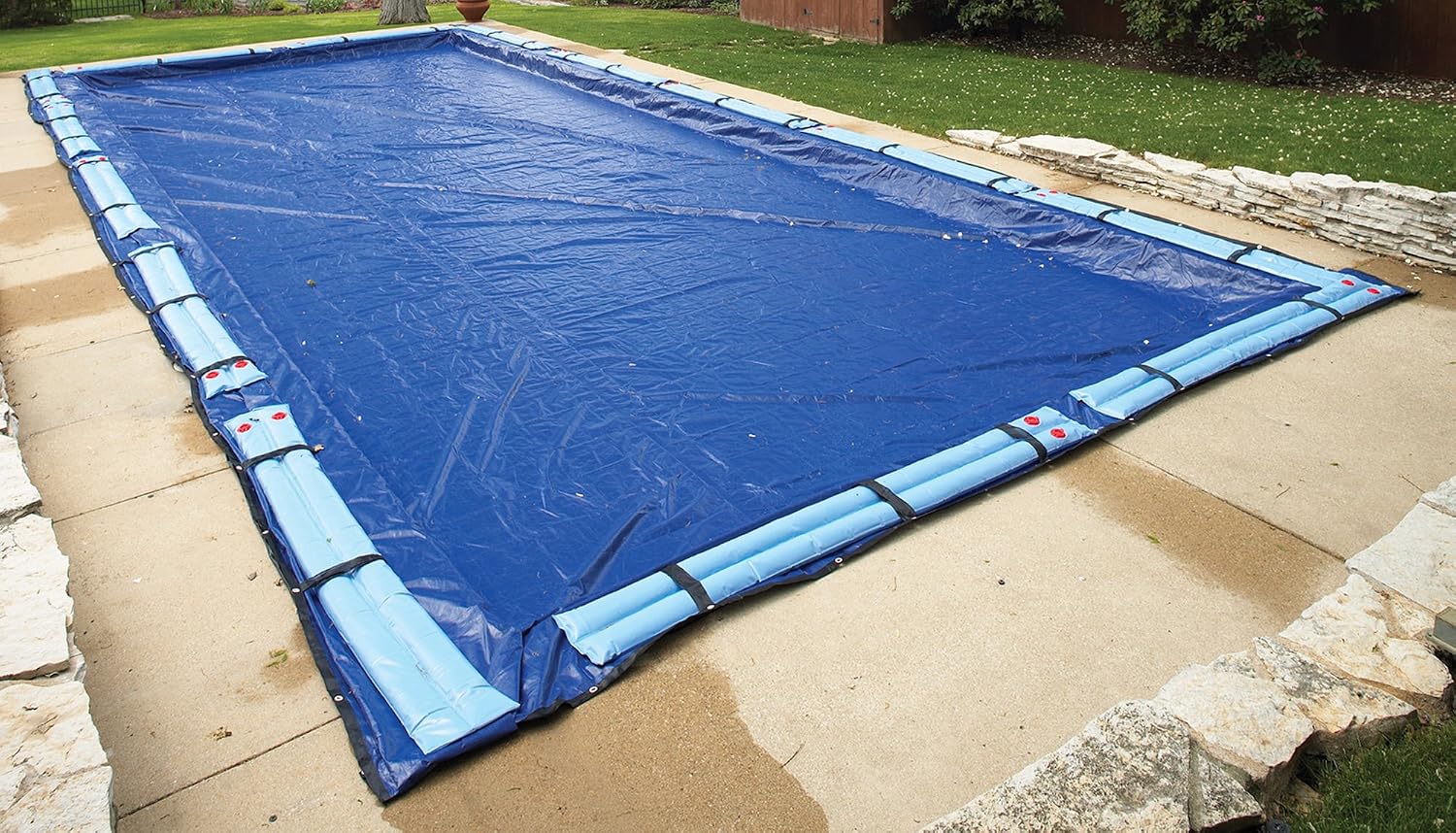 Blue Wave Arctic Armor 14x28-ft Rectangular In-Ground Pool Winter Cover | Solid polyethylene, black underside, heat-sealed seams, grommets, cable, winch, 5-ft overlap, 15-yr support, blocks debris