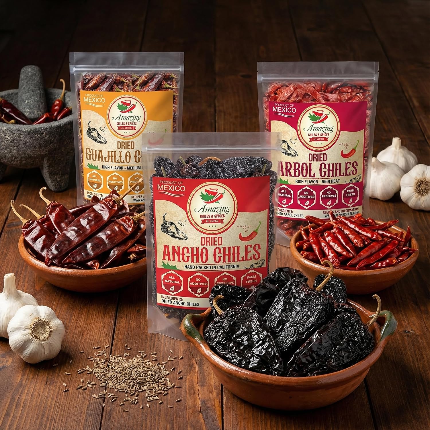Dried Chile Peppers Variety Pack 3x4oz Ancho Arbol Guajillo Mexican Chili