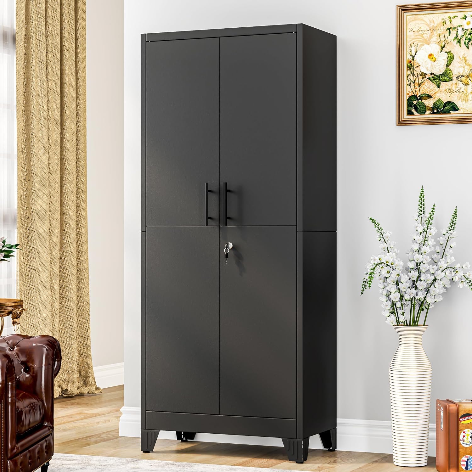 GAIOUS 75.2" Tall Metal Kitchen Pantry Storage Cabinets with 2 Door and 5 Adjustable Shelves, Cupboard for Kitchen, Dining Room, Living Room and Bathroom, White