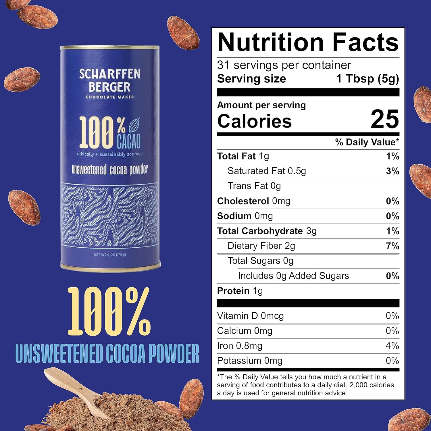Scharffen Berger 100% Cacao Unsweetened Dark Chocolate Cocoa Powder (6 Ounce, Pack of 1) - Gluten Free, Non GMO, Natural Chocolate Powder