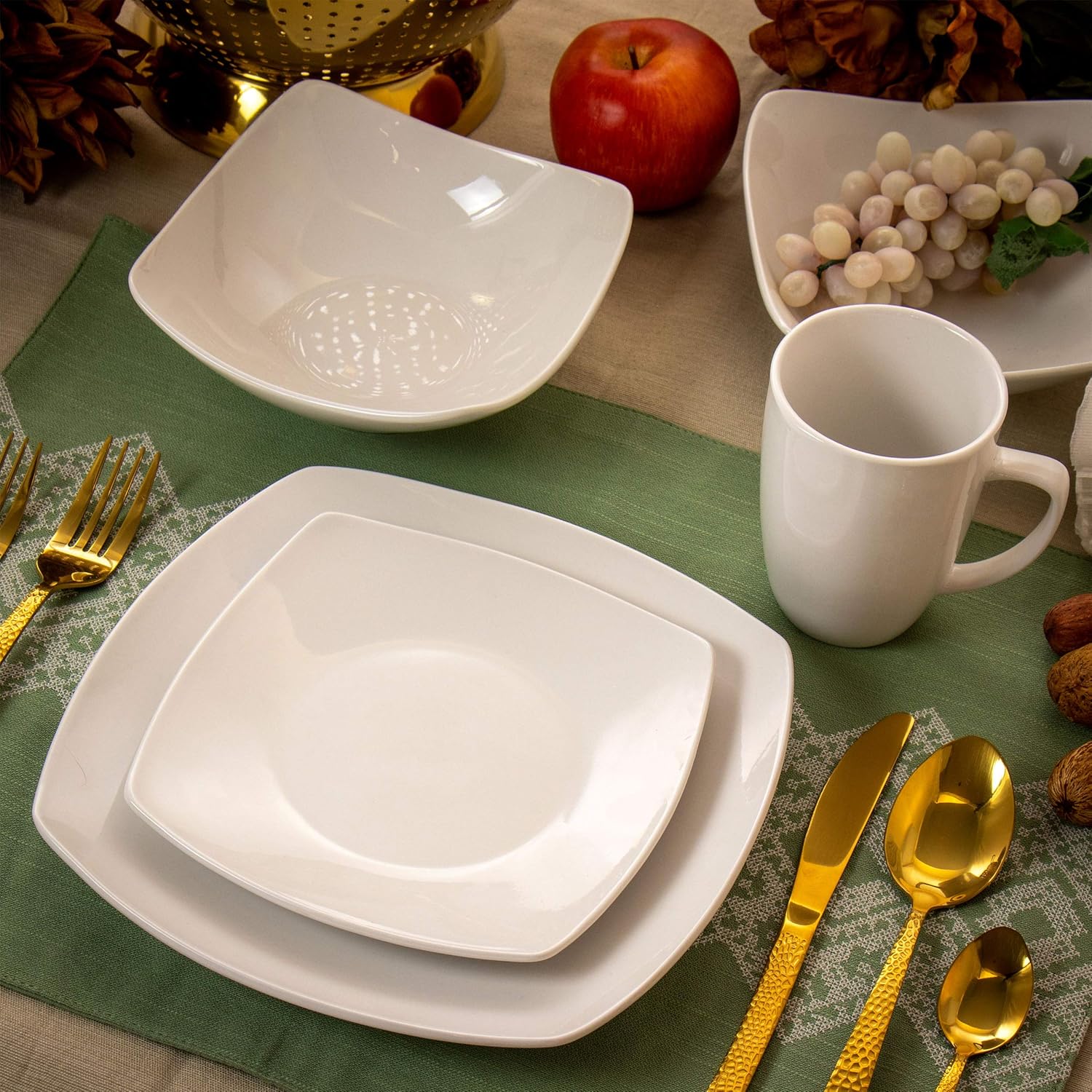 Elama Cara 16 Piece Round Porcelain Dinnerware Set in White