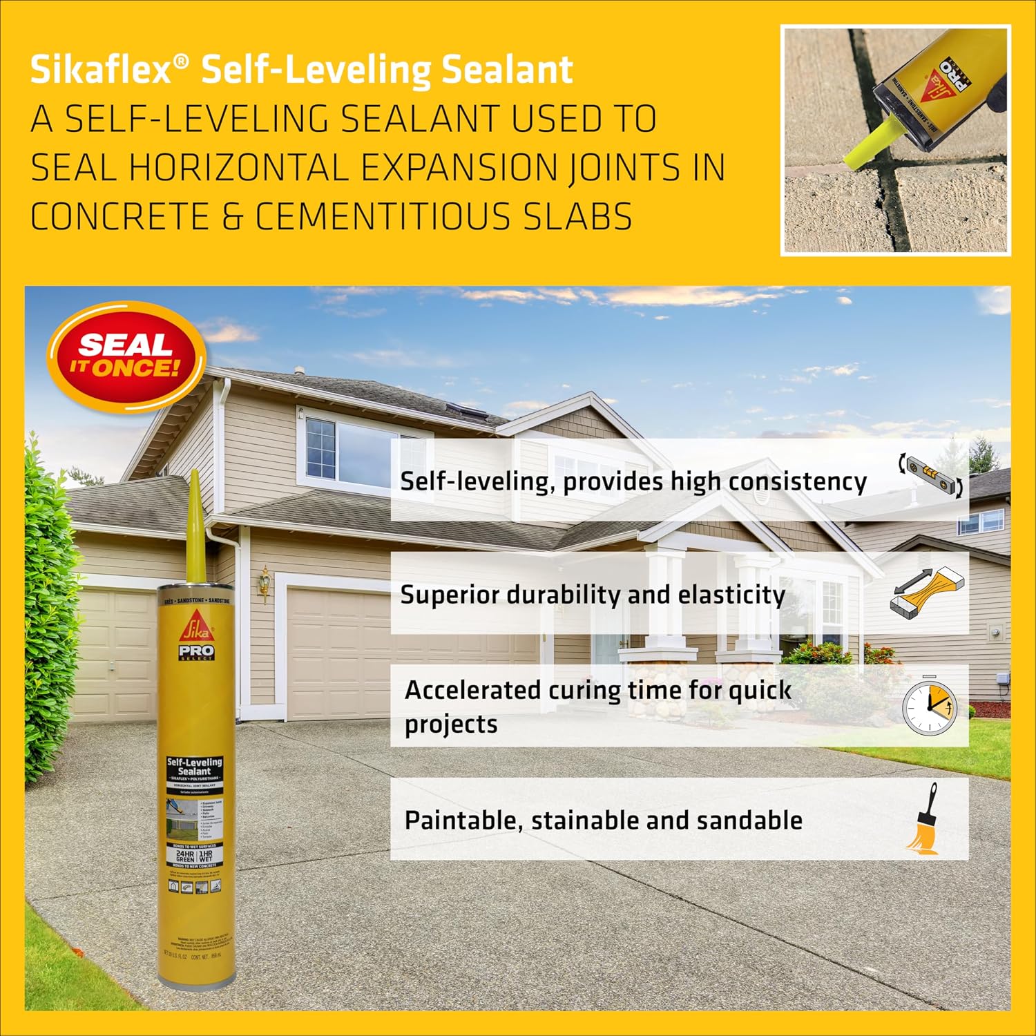 SIKA Sikaflex Self-Leveling Sealant, Gray Polyurethane, Fast Curing, for Concrete Expansion Joints, Waterproof, Paintable, Fills Cracks up to 1.5 in., 10.1 fl. oz Cartridge