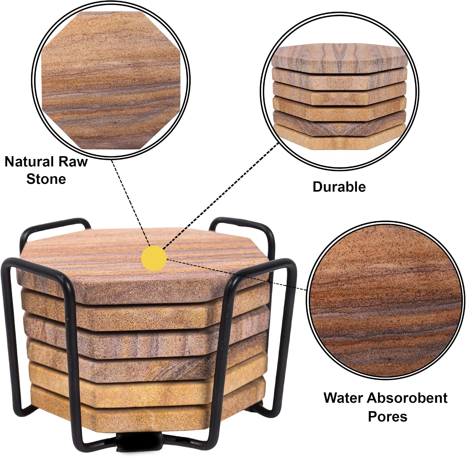 Sandstone Water Absorbent Hand Crafted Octagon Coasters with Holder for Drinks 4 Inches Wide Thirsty Stone Bar/Drink Coasters Made from Real Solid