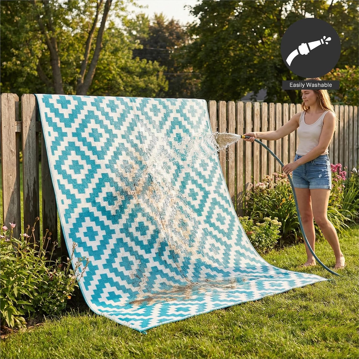 FH Home Outdoor Camping Rug - Waterproof, Fade Resistant, Reversible - Premium Recycled Plastic - Striped - Large Patio, Deck, Sunroom