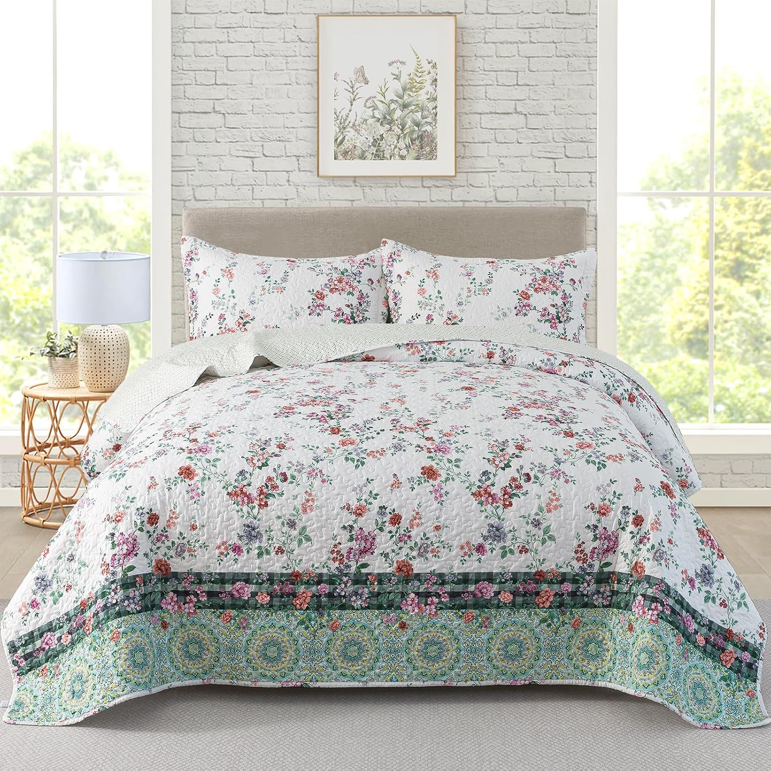 Travan Queen Quilt Set 3-Piece Bedspread Quilted Oversized Lightweight Microfiber Coverlet Set with Shams Violet Purple Floral Pattern Quilted