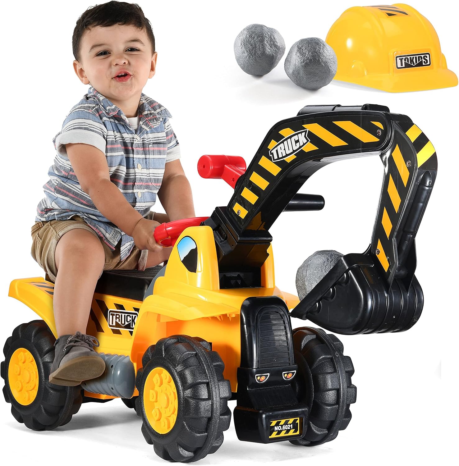 Play22 Toy Tractors for Kids Ride On Excavator - Music Sounds Digger Scooter Bulldozer Includes Helmet with Rocks - Pretend Play - Toddler