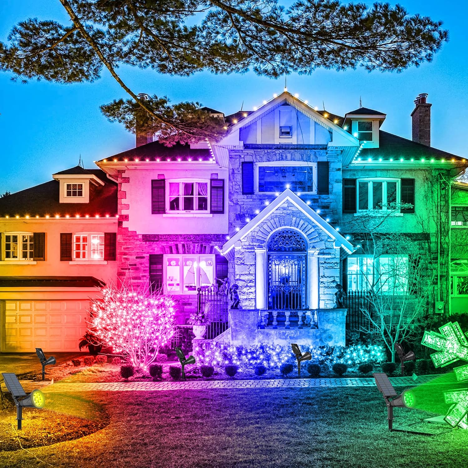 T-SUN Color Changing Solar Spot Lights Outdoor Waterproof, 7 LEDs, 2 Pack | 7 Color Changing Modes, IP65 Waterproof Dusk to Dawn Solar Uplights for Tree, Patio, Yard, Garden, Driveway, Pool Area