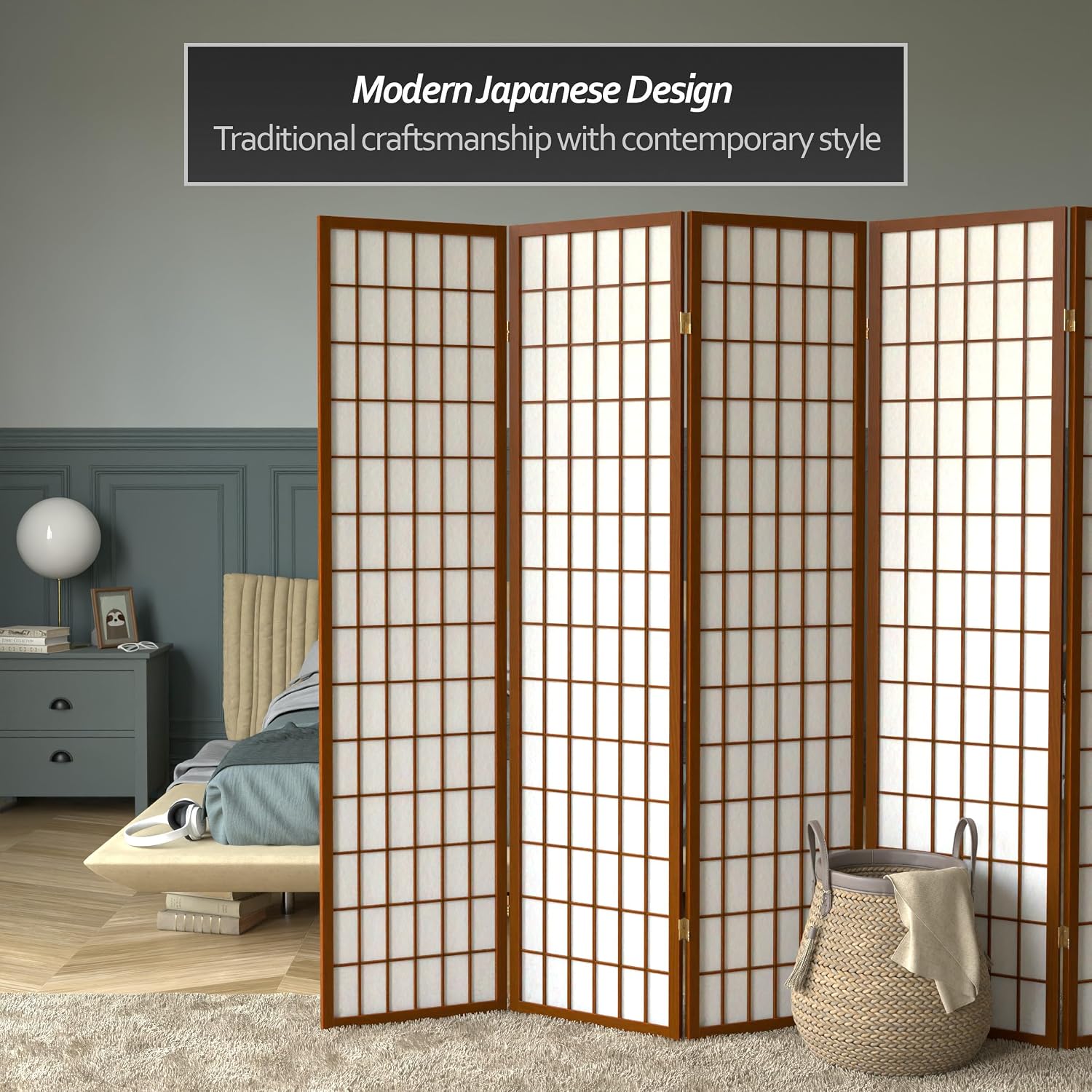 Red Lantern 6 ft. Tall Window Pane Shoji Screen - Walnut - 5 Panels