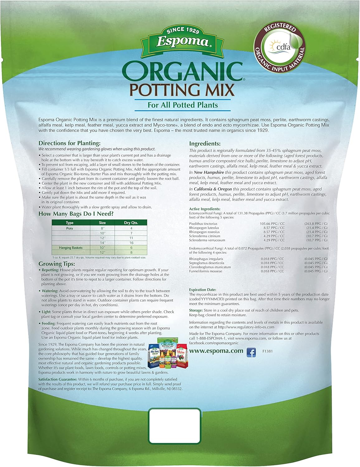 Espoma Organic Potting Soil Mix - All Natural Potting Mix for All Indoor & Outdoor Containers Including Herbs & Vegetables. for Organic Gardening