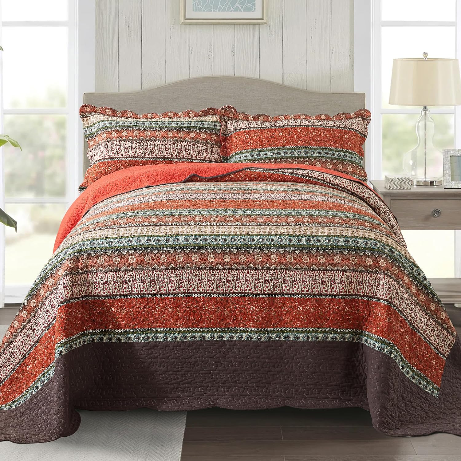 Striped Classical Cotton 3-Piece Patchwork Bedspread Quilt Sets, King Size