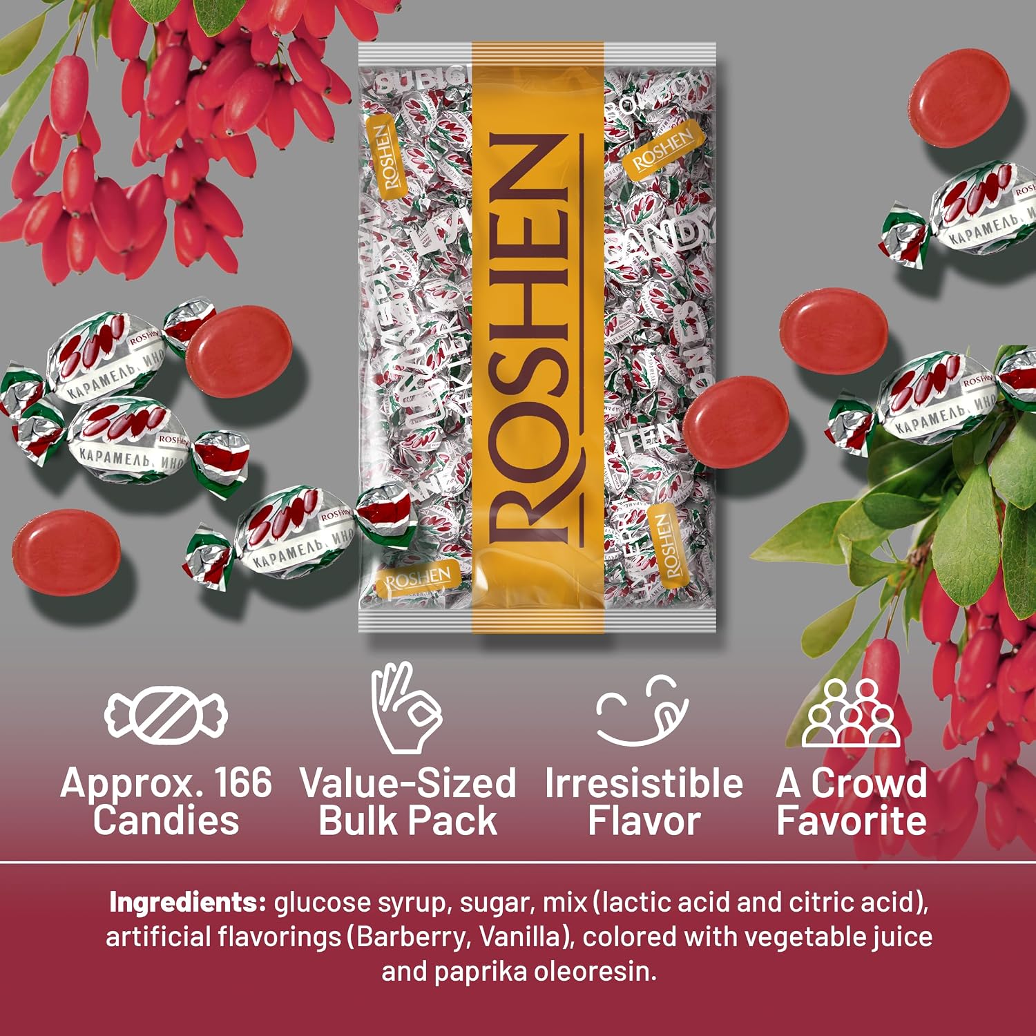 Roshen Citrus Mix Hard Candy – Assorted Fruit Flavors, Individually Wrapped, Bulk 2.2 lbs (1 kg) – Approx. 144 Pieces – Orange