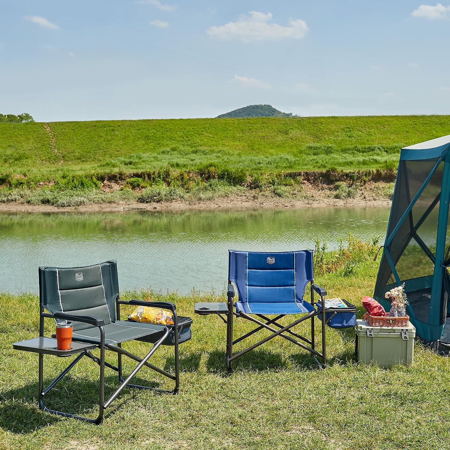 Timber Ridge XXL Oversized Directors Chair 600lbs - Heavy Duty Camping Chair with Cooler Bag & Table, Portable Folding Chair with Wide Seat for Tailgating, Patio, Outdoor - Grey