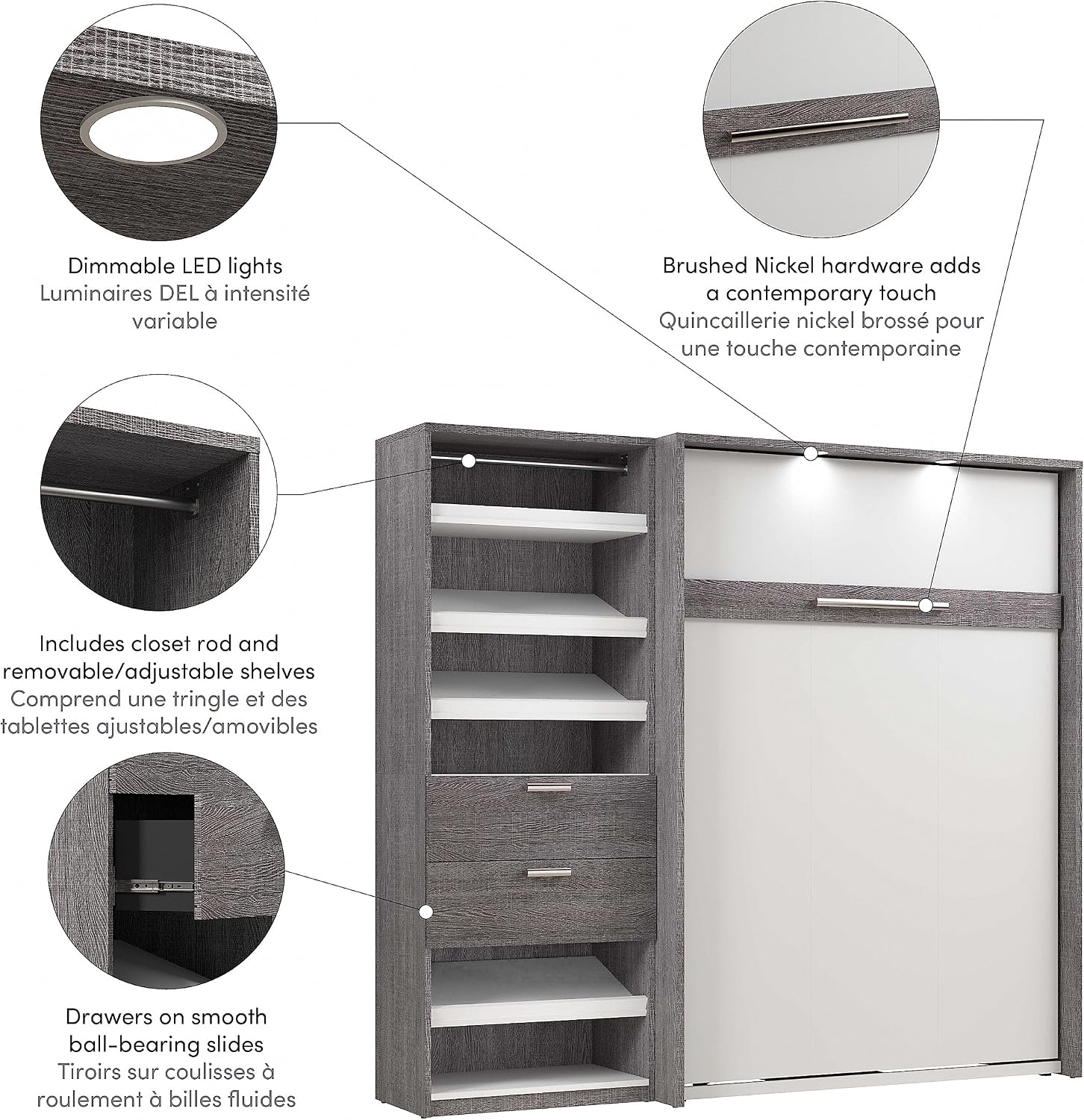 Bestar Cielo Full Murphy Bed with Closet Organizer (89W) in Bark Gray and White, Sleeping Arrangement for Multipurpose Room | Closet Organizer