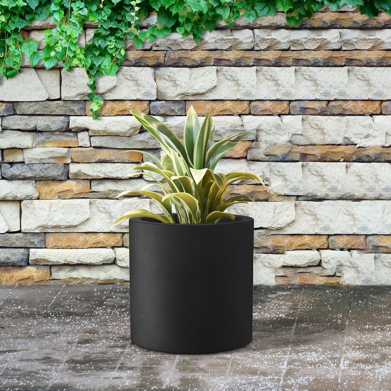 Kante Large Round Cylinder Charcoal Concrete Planter 15.8" Tall, Outdoor