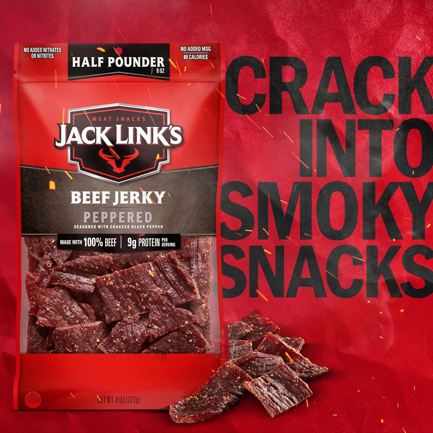 Jack Link's Peppered Beef Jerky Half Pounder - 8 oz Large Jerky Bag - Ready to Eat Real Meat Protein Snacks - 9g Protein per Serving - Made with 100% Real Beef | Large Jerky Bag - Ready to Eat Real Meat Protein Snacks - 9g Protein per Serving - Made with…