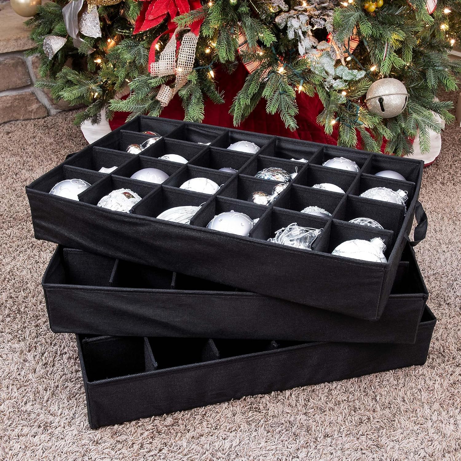 (Green Christmas Ornament Storage Box with Dividers) - Deluxe Ornament Keeper - Holds 72 Ornaments up to 4 Inches in Diameter | 3 Removable Trays with Separators | Acid-Free Fabric Lining
