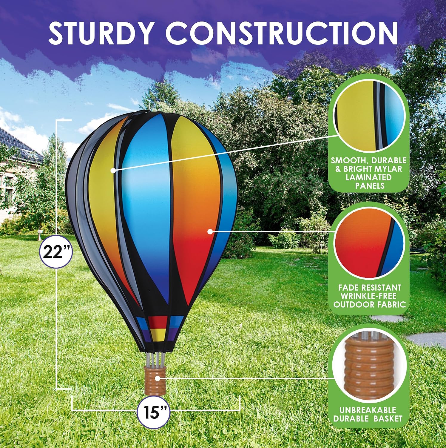 Hot Air Balloon Hanging Garden Spinner 22" - Vibrant Sunset Gradient Design, Weather-Resistant Outdoor Decor, Durable & Lightweight for Patios, Yards