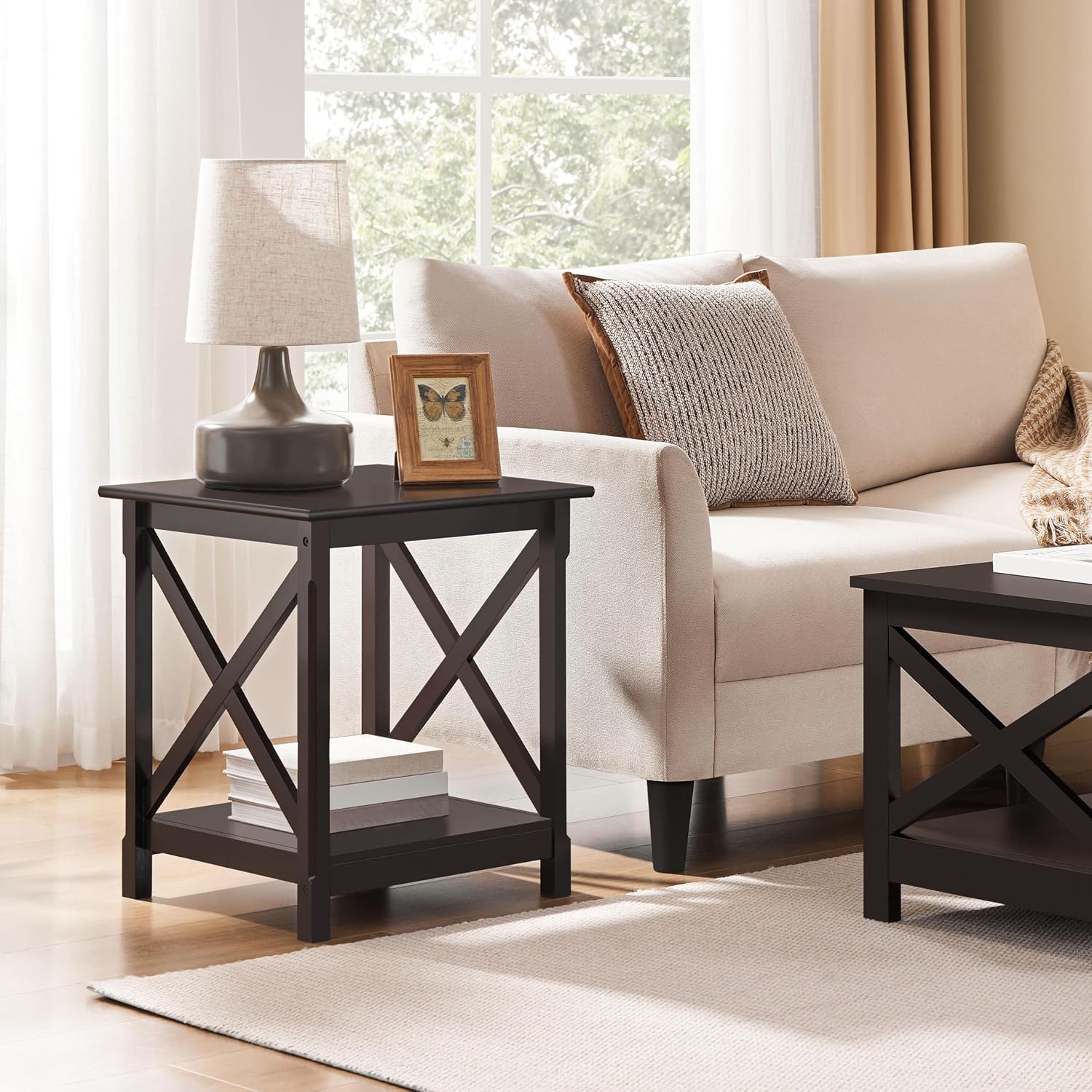 Yaheetech X-Side Frame End Table with 2-Tier Storage Shelf, Espresso