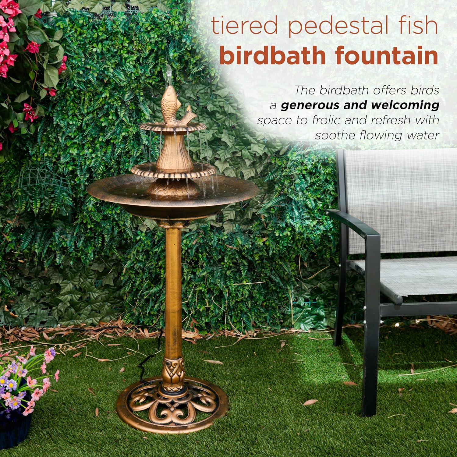Alpine Corporation TEC116 Outdoor Aged Green Pedestal Birdbath with Scrollwork, 28" Tall, Green