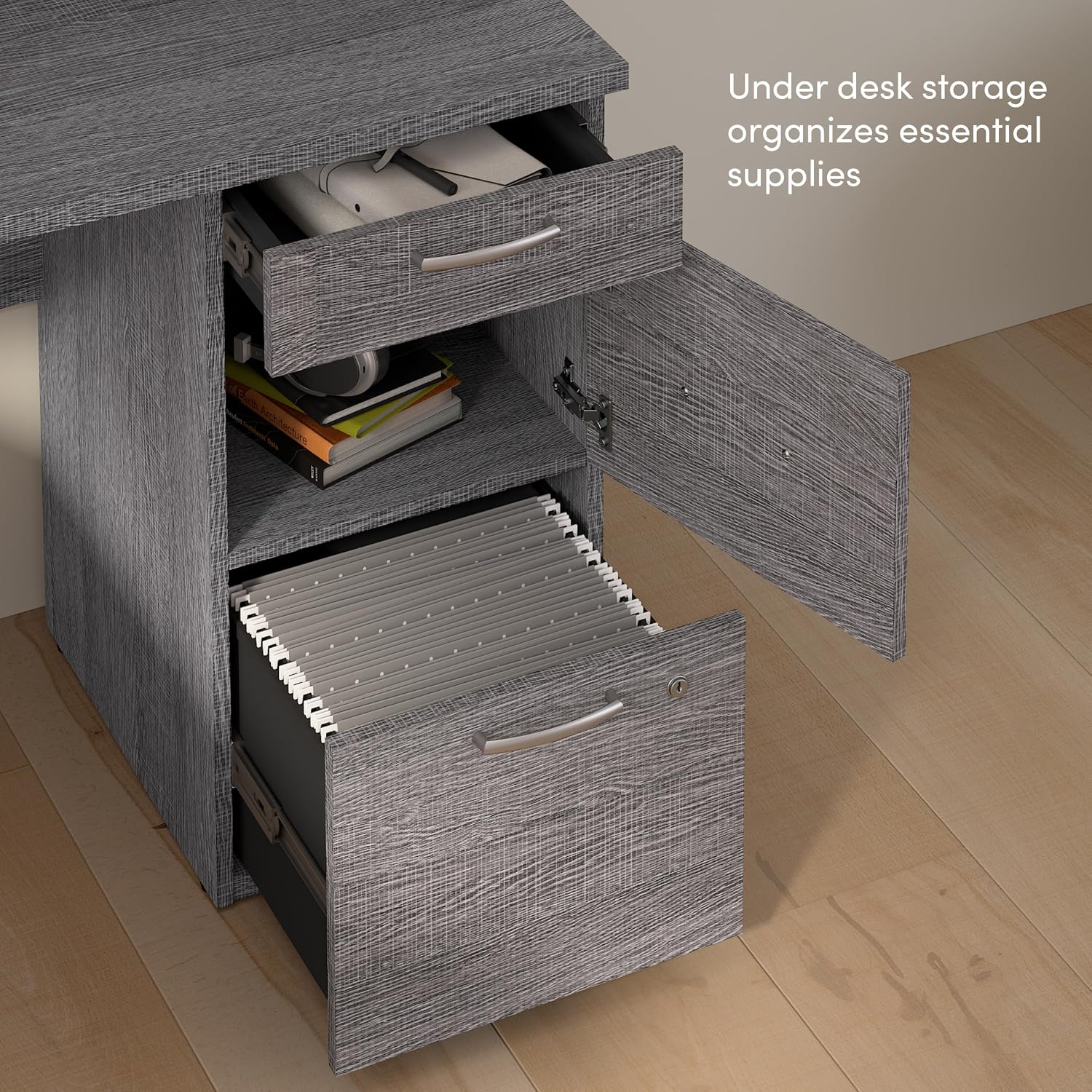 Bestar U or L Shaped with Hutch and File Cabinet, Bark Grey, Logan, 66W