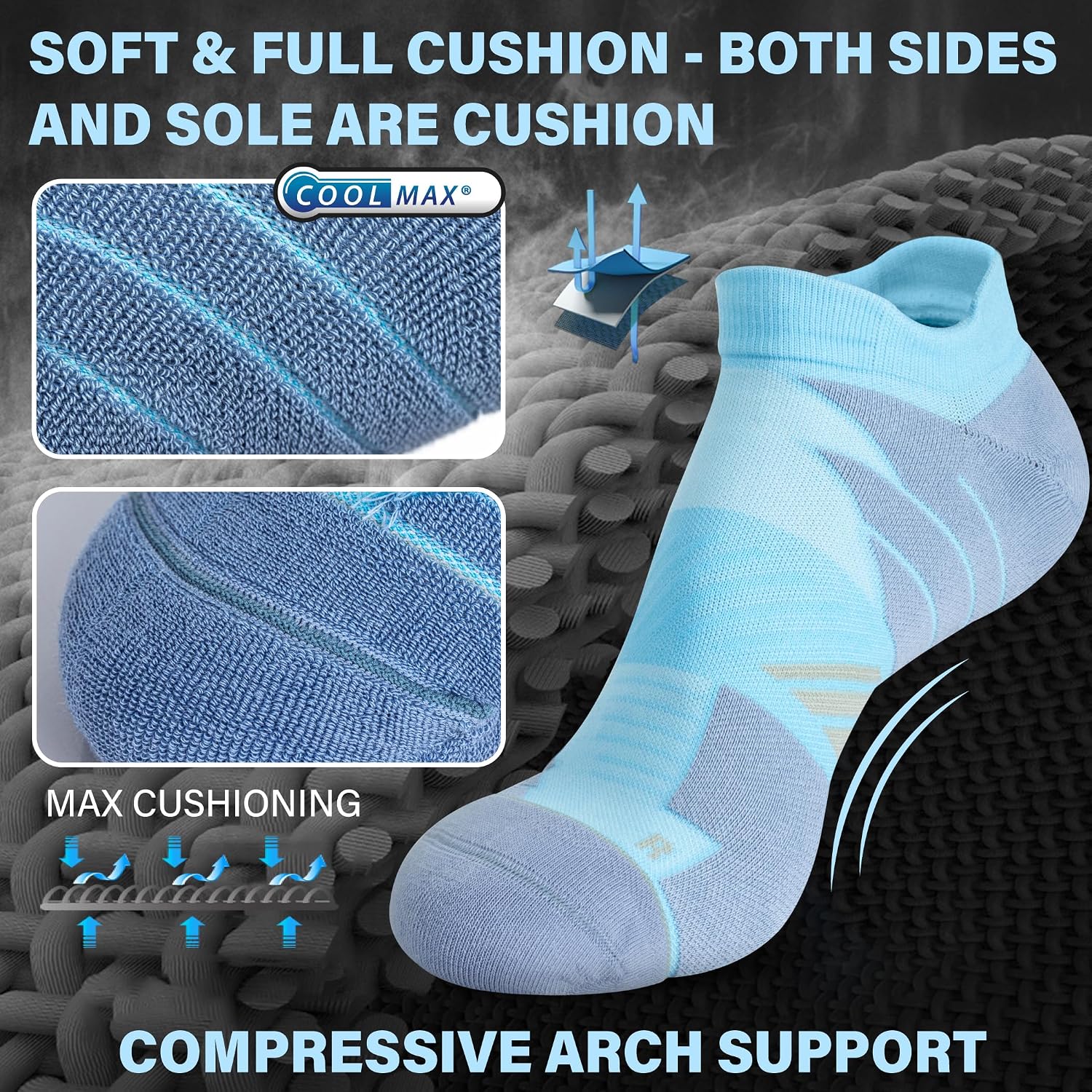 Hylaea Unisex Coolmax No Show Athletic Running Socks, Cushioned No Blisters
