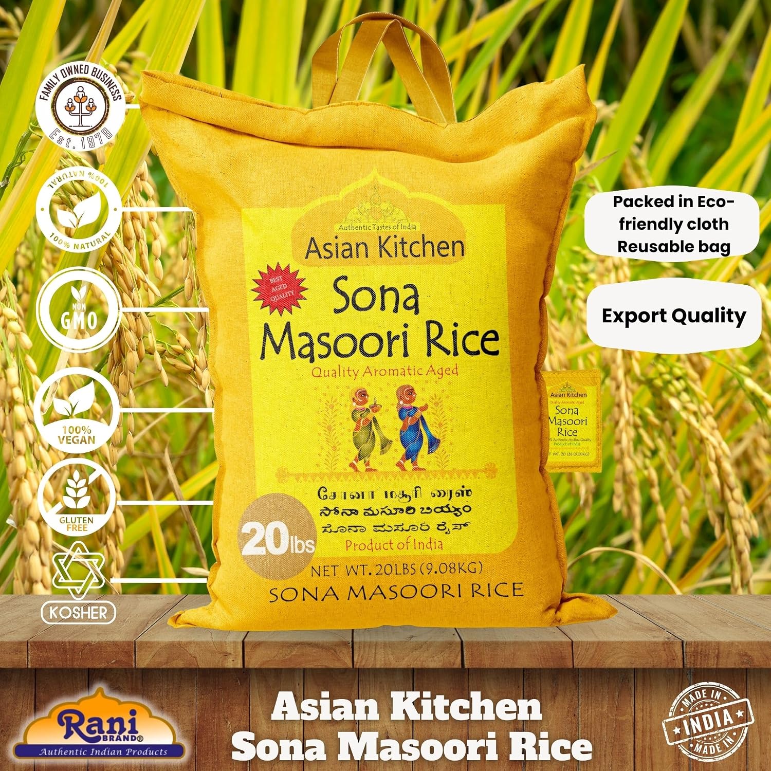 Asian Kitchen White Sona Masoori Aged Rice 20-Pound Bag, 20lbs (9.08kg) Short Grain Rice ~ All Natural | Gluten Friendly | Vegan | Kosher | Indian Origin | Export Quality